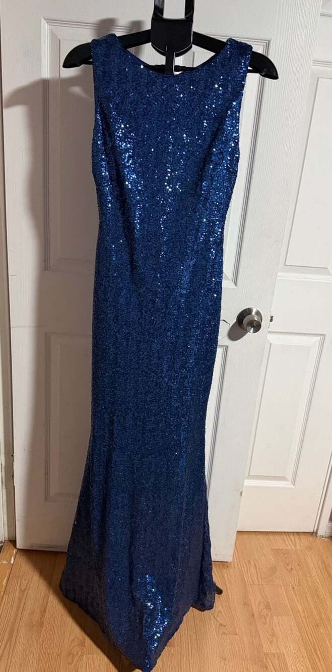 Windsor Sequin Evening Dress Blue Sleeveless Floor-Length Keyhole Back